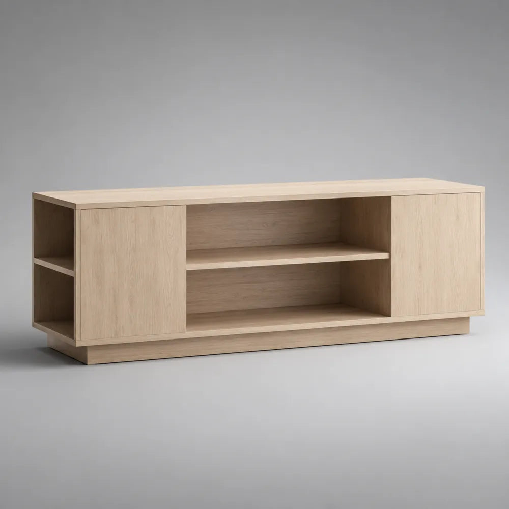 Mobile TV 160 cm x 40 cm x 50 cm in MDF effetto rovere chiaro con vani aperti e ante laterali struttura rettangolare