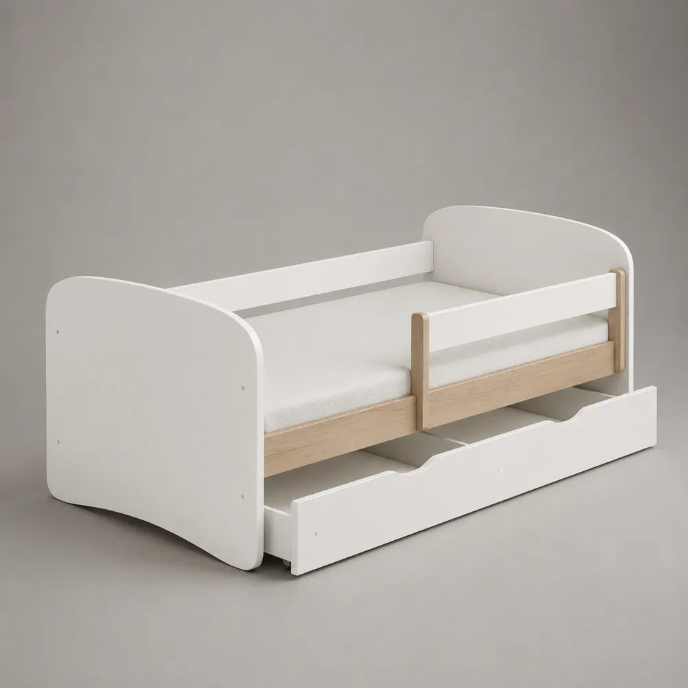 Letto singolo con sponde di sicurezza e cassetto estraibile in legno ingegnerizzato MDF e finitura bianco e rovere 160 x 80 x 70 cm