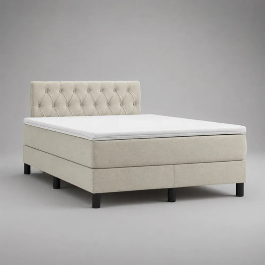 Letto matrimoniale contenitore con cassetti in tessuto poliestere beige con testiera imbottita capitonné 160 x 200 cm circa