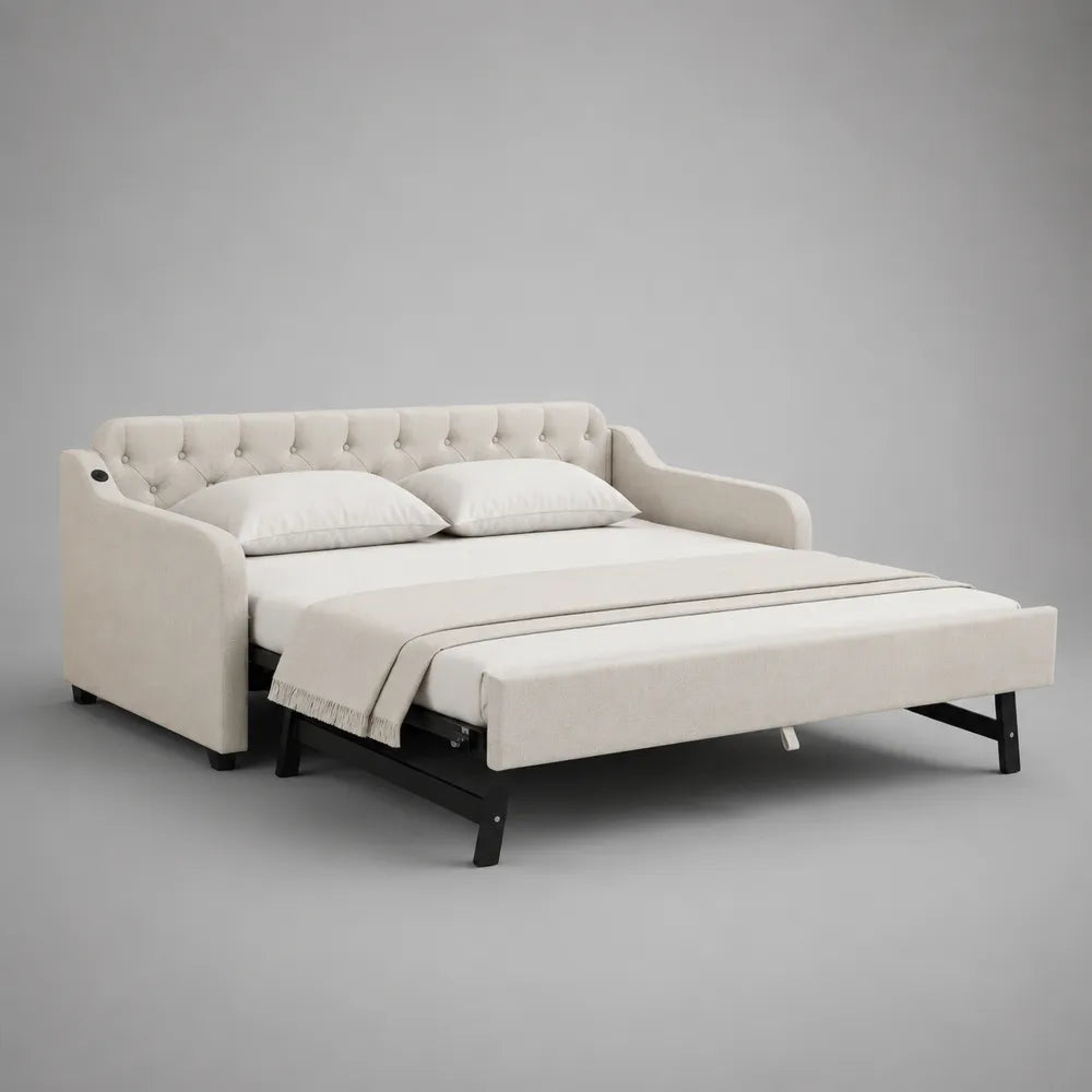 Divano letto matrimoniale apribile 205 x 215 x 90 cm superficie letto 140 x 190 cm rivestito in poliestere effetto lino beige gambe in acciaio nero