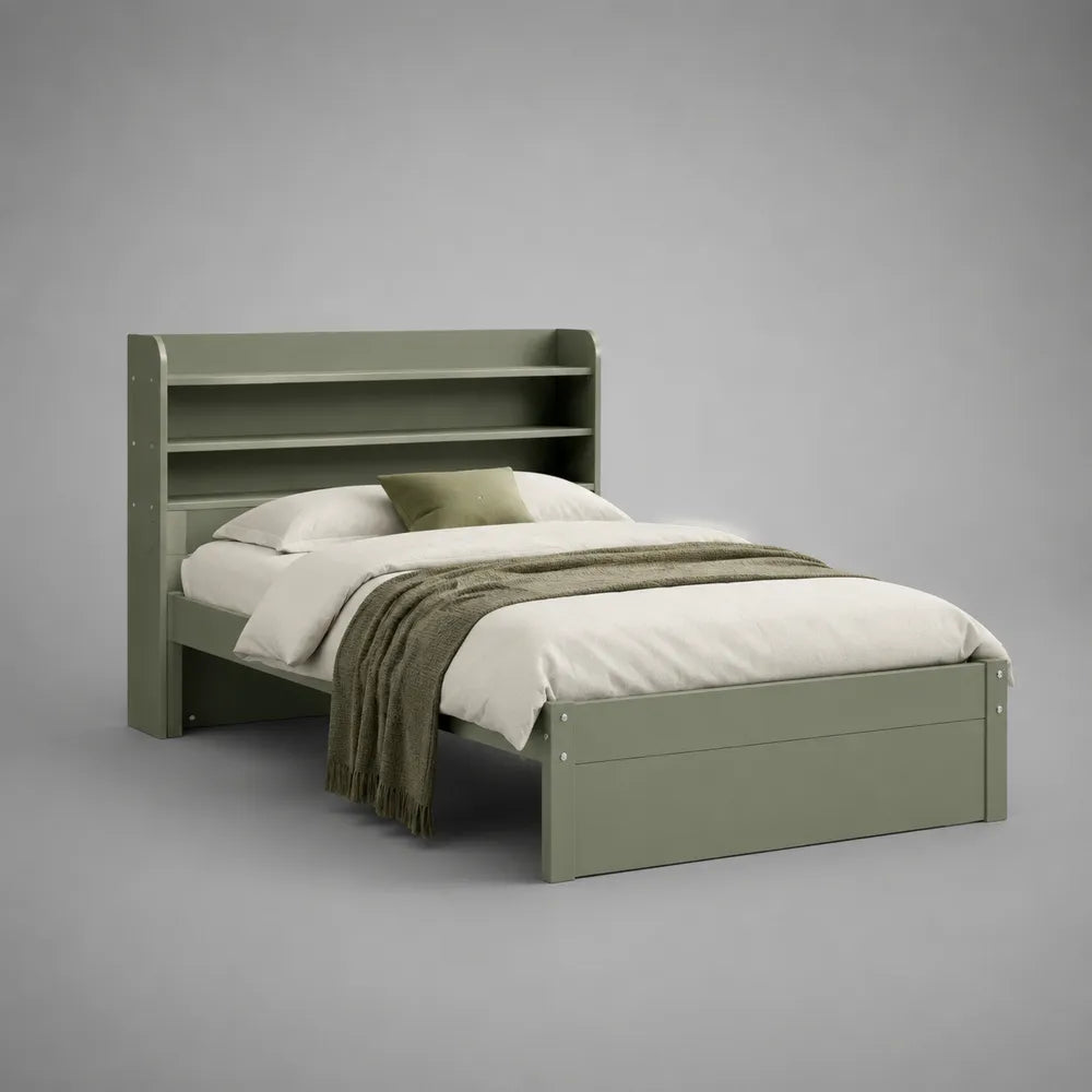 Letto matrimoniale con libreria integrata e testiera in MDF colore verde oliva 160 x 200 cm struttura letto e base a doghe