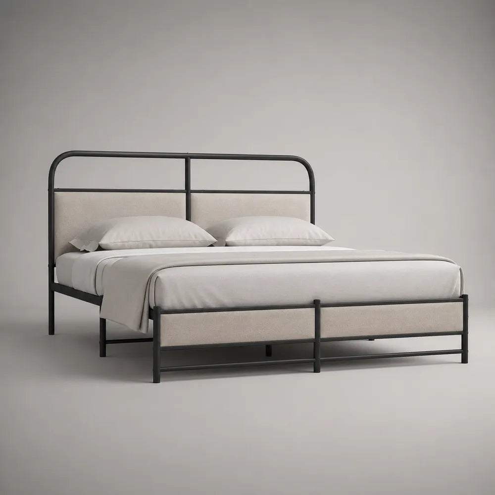 Letto matrimoniale 160 x 200 cm con struttura in metallo nero e rivestimento imbottito beige testiera e pediera rettangolare