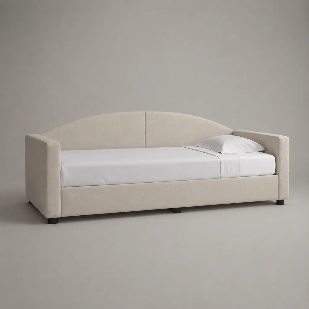 Letto singolo imbottito 90 x 200 cm con testiera curva in tessuto poliestere beige struttura in legno ingegnerizzato