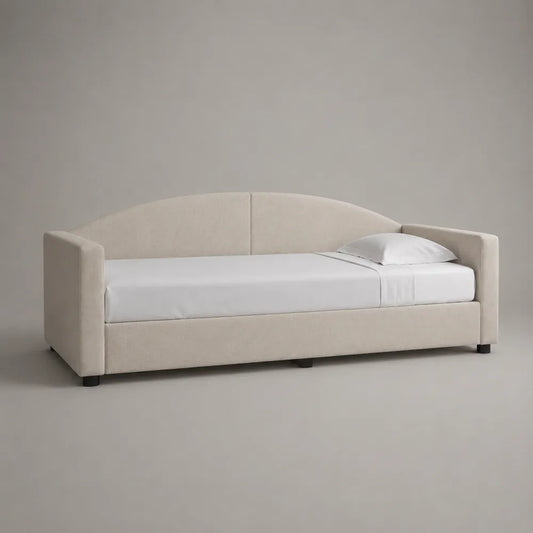 Letto singolo imbottito 90 x 200 cm con testiera curva in tessuto poliestere beige struttura in legno ingegnerizzato