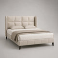 Letto matrimoniale 160 x 200 cm struttura imbottita in tessuto poliestere beige con testiera alta trapuntata e gambe in legno