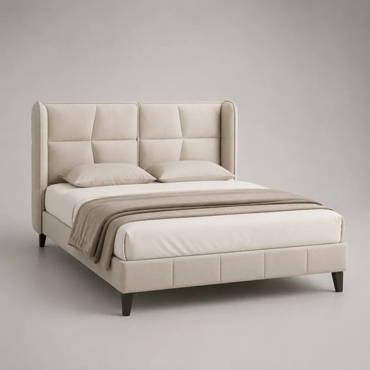 Letto matrimoniale 160 x 200 cm struttura imbottita in tessuto poliestere beige con testiera alta trapuntata e gambe in legno