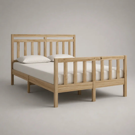 Letto singolo 90 x 200 cm struttura in legno massello colore legno naturale con testiera e pediera a doghe verticali base con supporto a doghe