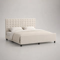 Letto matrimoniale 160x200 cm struttura imbottita rivestimento tessuto poliestere beige con testiera trapuntata bottoni gambe in metallo nero e supporto a doghe