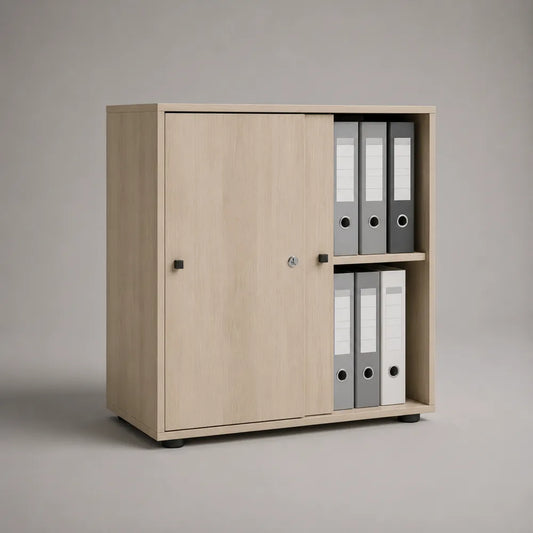 Armadio da ufficio con anta scorrevole e vani a giorno in pannello truciolare melaminico effetto rovere chiaro e grigio 120 x 40 x 90 cm