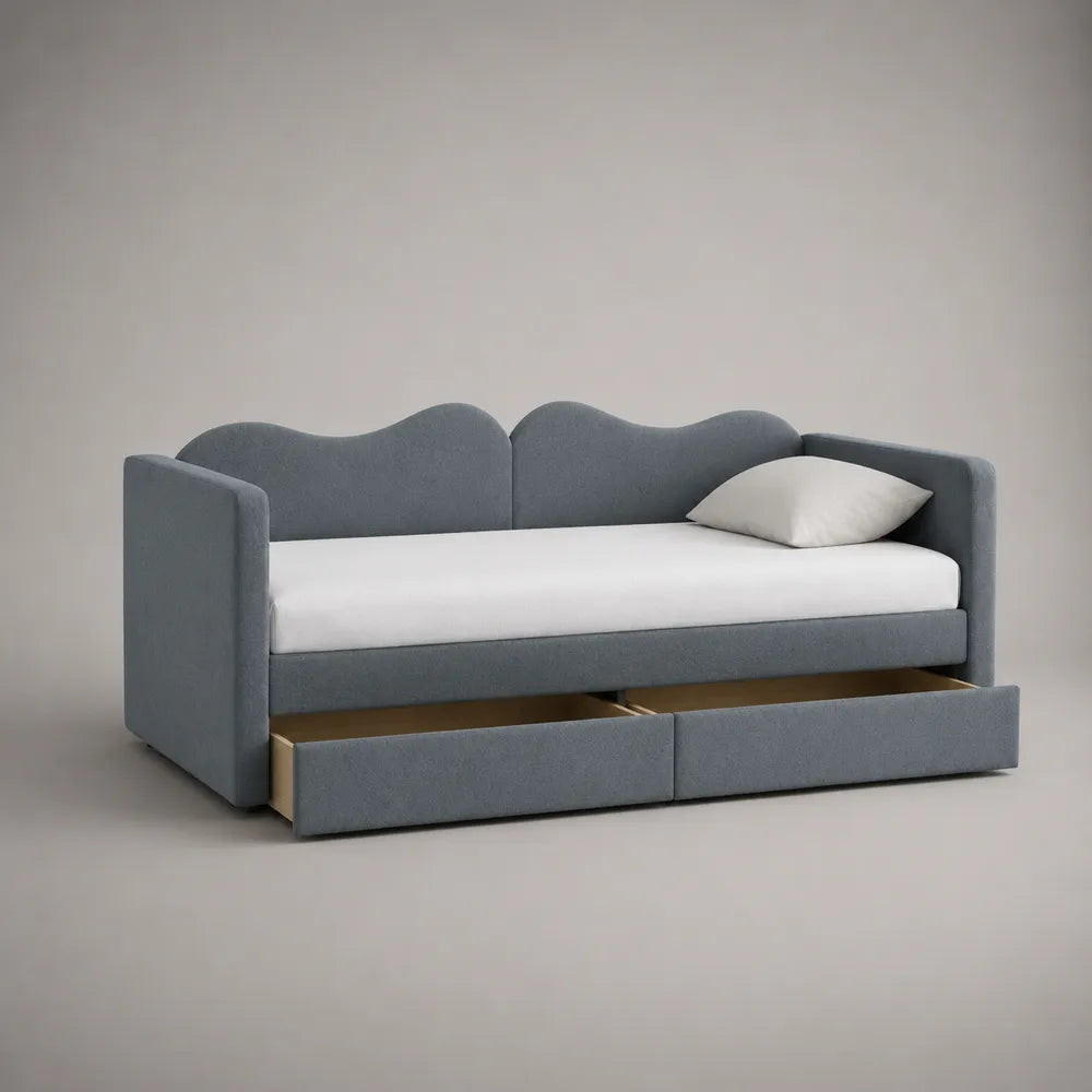 Letto singolo divano letto con cassetti 205 x 98 x 95 cm 90 x 200 cm struttura imbottita testiera ondulata rivestimento poliestere grigio base MDF gambe in legno