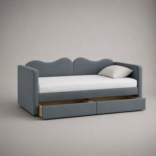 Letto singolo divano letto con cassetti 205 x 98 x 95 cm 90 x 200 cm struttura imbottita testiera ondulata rivestimento poliestere grigio base MDF gambe in legno