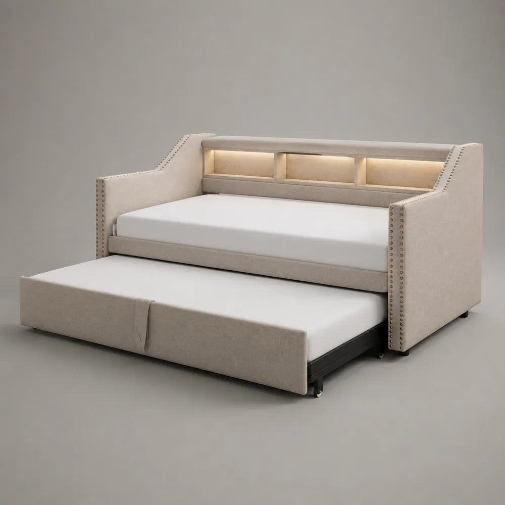 Divano letto singolo con letto estraibile struttura imbottita rivestimento in tessuto beige e base con struttura in metallo nero
