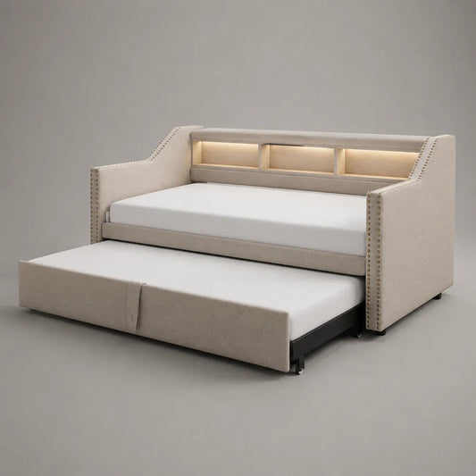 Divano letto singolo con letto estraibile struttura imbottita rivestimento in tessuto beige e base con struttura in metallo nero