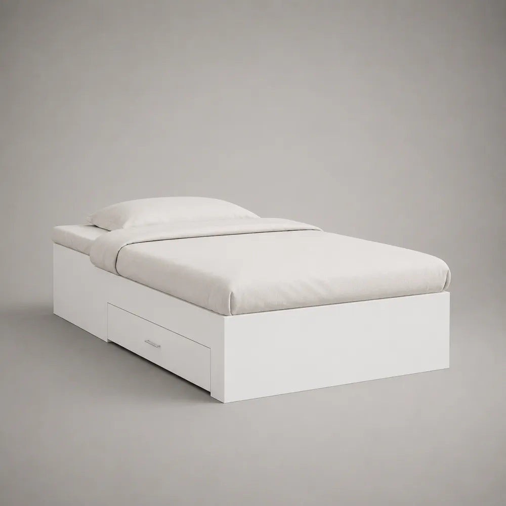 Letto singolo 90x200 cm struttura con contenitore e cassetto integrato in MDF laccato bianco con base rettangolare e rete a doghe