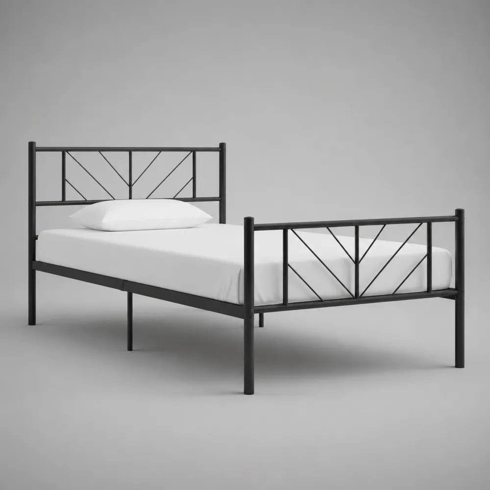 Letto singolo 90 x 200 cm struttura in acciaio verniciato nero con testiera e pediera a motivo geometrico incrociato rete a doghe metalliche