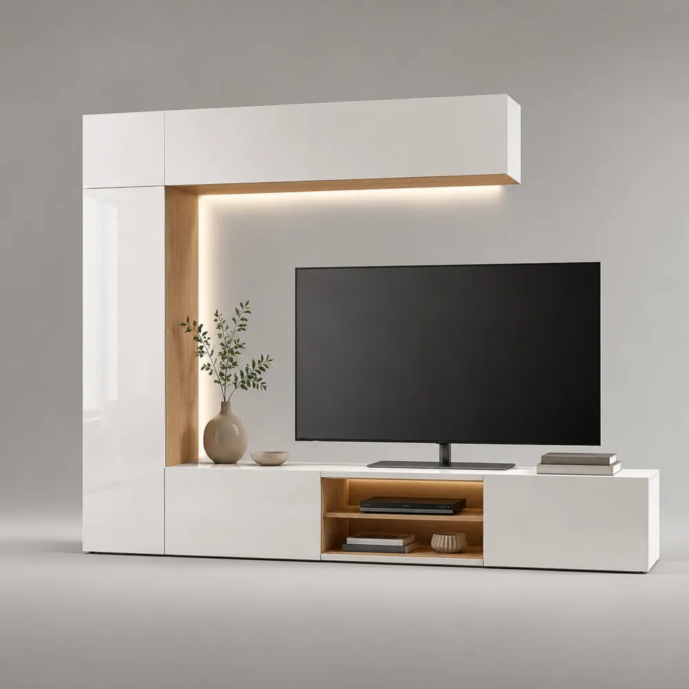 Mobile TV parete attrezzata 240 cm x 40 cm x 200 cm in pannelli MDF bianco lucido e rovere con illuminazione LED e vani contenitori