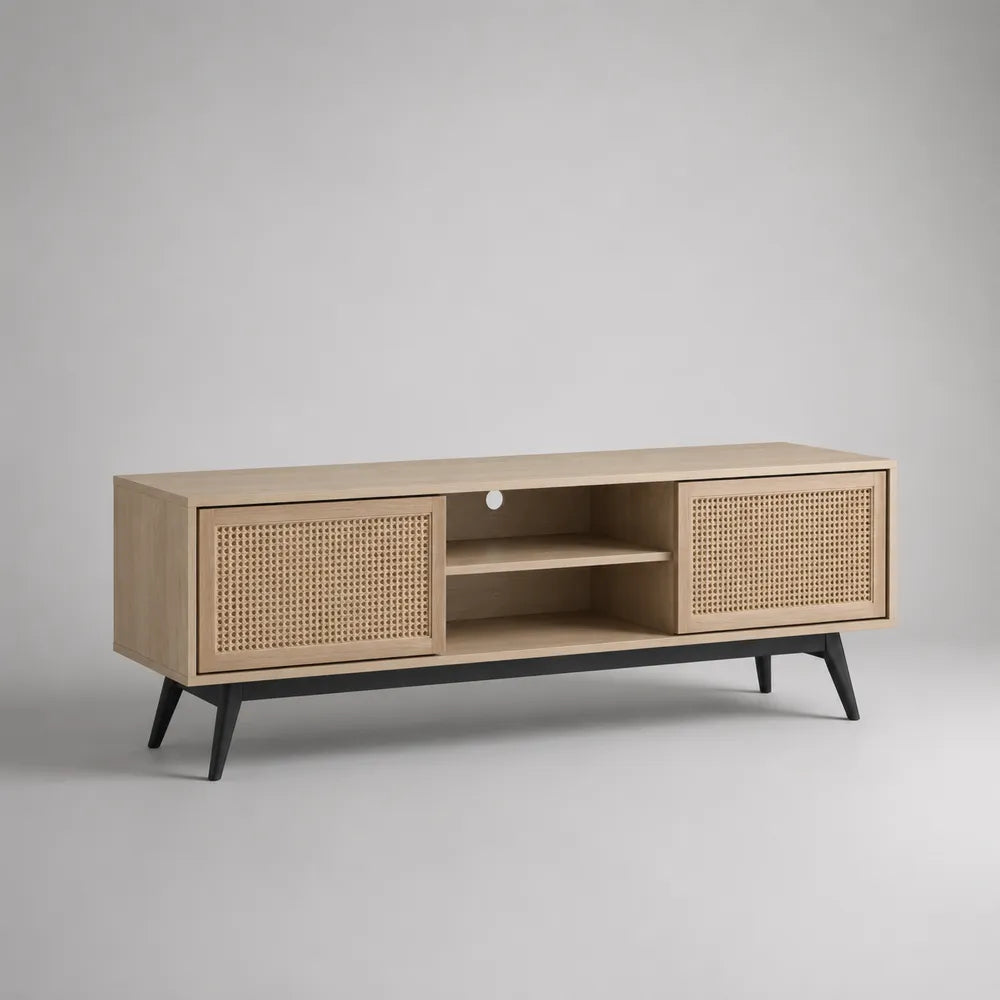 Mobile TV in pannello truciolare effetto rovere chiaro con ante in rattan intrecciato e struttura in acciaio nero 2 ante laterali e vano centrale aperto 160 cm 40 cm 50 cm