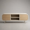 Mobile TV basso rettangolare 160 cm x 40 cm x 50 cm in pannelli MDF e truciolare con finitura bianco crema e rovere chiaro con 2 ante e vani aperti