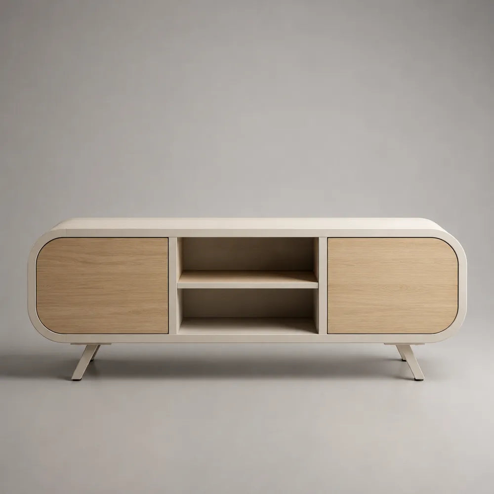 Mobile TV basso rettangolare 160 cm x 40 cm x 50 cm in pannelli MDF e truciolare con finitura bianco crema e rovere chiaro con 2 ante e vani aperti