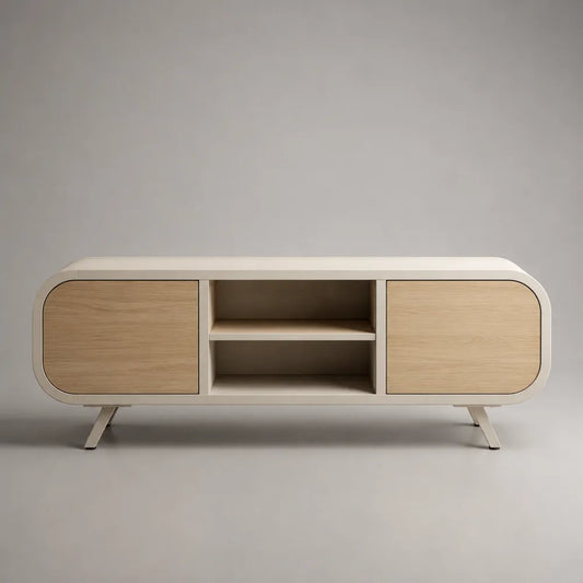 Mobile TV basso rettangolare 160 cm x 40 cm x 50 cm in pannelli MDF e truciolare con finitura bianco crema e rovere chiaro con 2 ante e vani aperti
