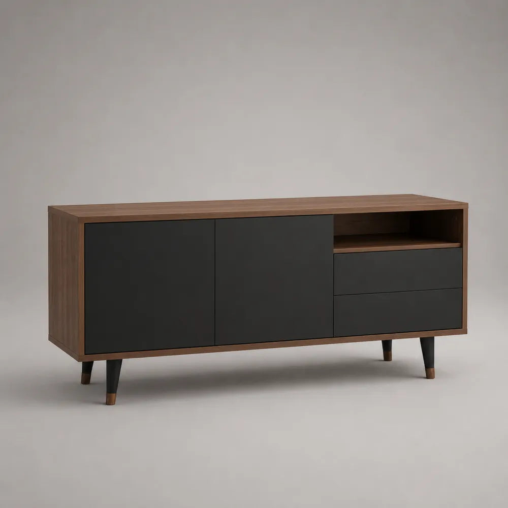 Mobile TV in pannello truciolare effetto noce scuro con struttura in MDF e gambe in metallo nero con puntali dorati ante e cassetti 180 cm 40 cm 50 cm